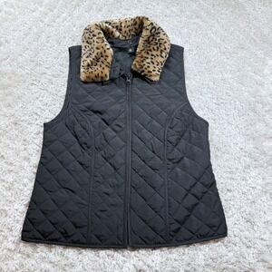 L.N. Studio NWT Women's Small Petite Black Quilted Vest Outdoors Animal Print